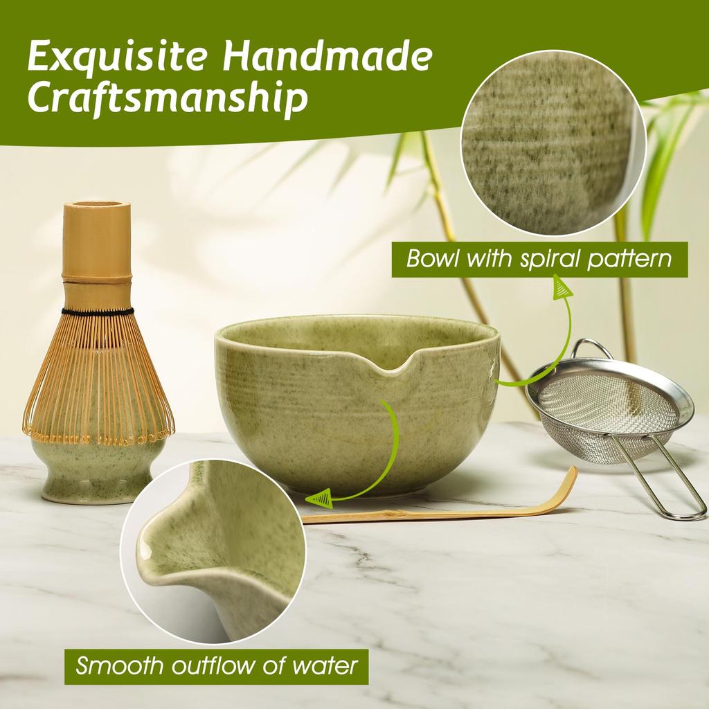 DiDiBirDi Matcha Tea Ceremony Includes Matcha Matcha Whisk Matcha Bamboo Traditional Bamboo and Stainless Steel Sieve Set, 5-Piece Set, Bowl, Stand,