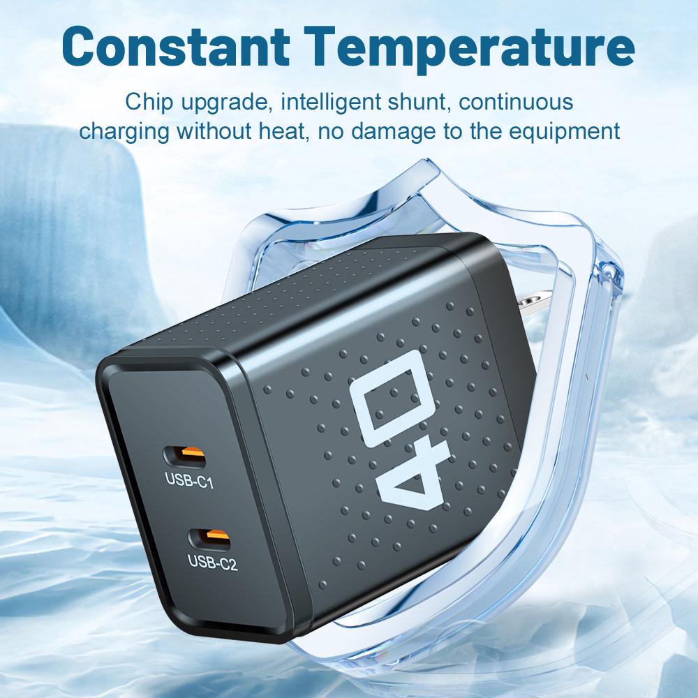 Dual PD 40W Fast Charging Phone Charger with US/EU/UK Plug Specifications for Travel