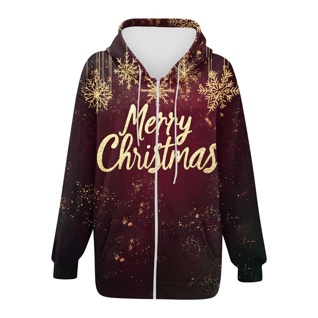 Women's Christmas Printed Sweatshirt  Winter Long Sleeve Cardigan Jacket With Pockets Zipper Hoodie Outerwear