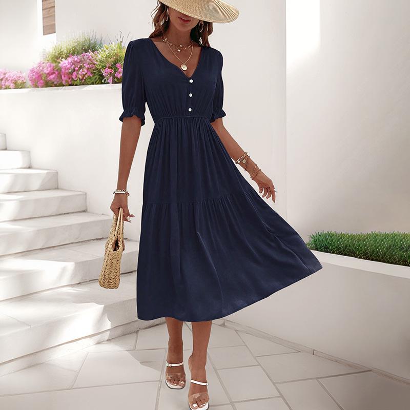 2025 European & American Summer Women's V-neck Solid Color Waist-cinching Dress