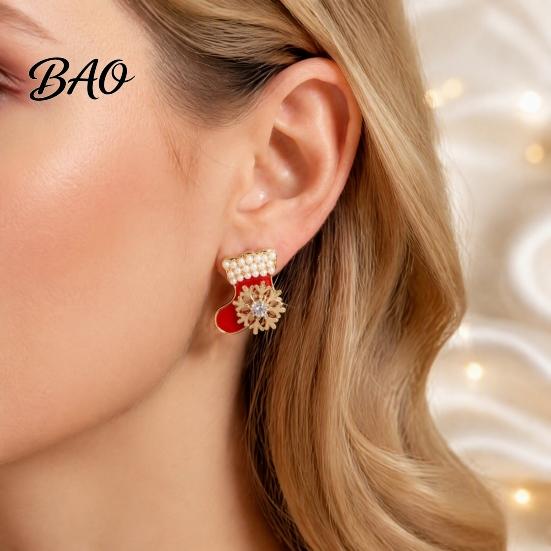 Gold Plated Christmas Earrings 1 Pair Red Stocking Stud for Women, Sparkly Rhinestone Enamel Seasonal Holiday Studs Sock Shaped Earring with