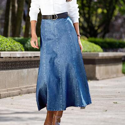 Denim Midirock Hohe Taille Weiter Saum Schlankmachendes Design Midirock Unifarben Büro