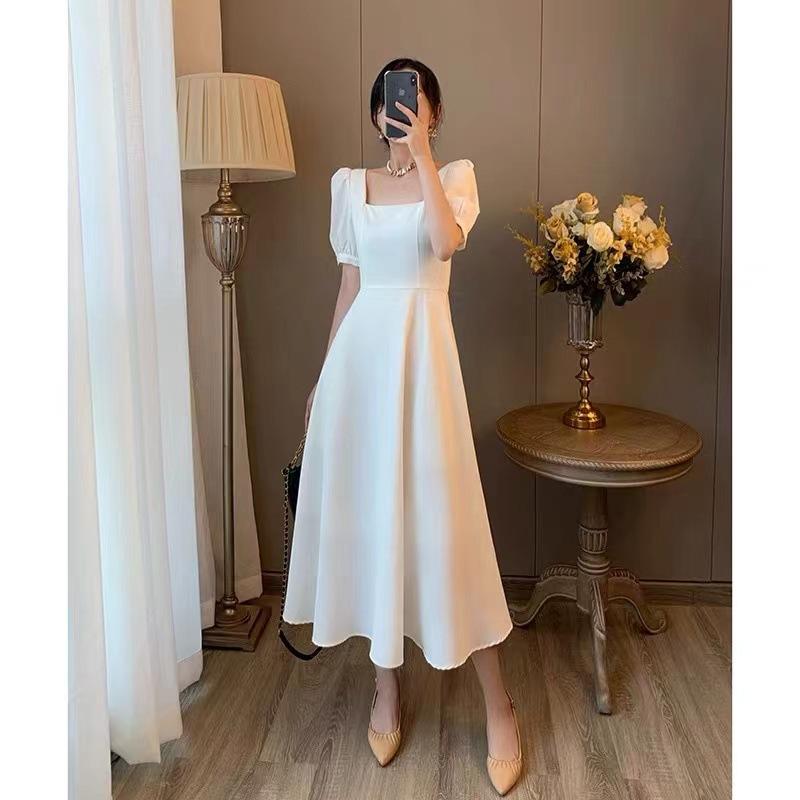Black dress women's summer new ins coffee break dress temperament square collar knee long Hepburn style little black dress