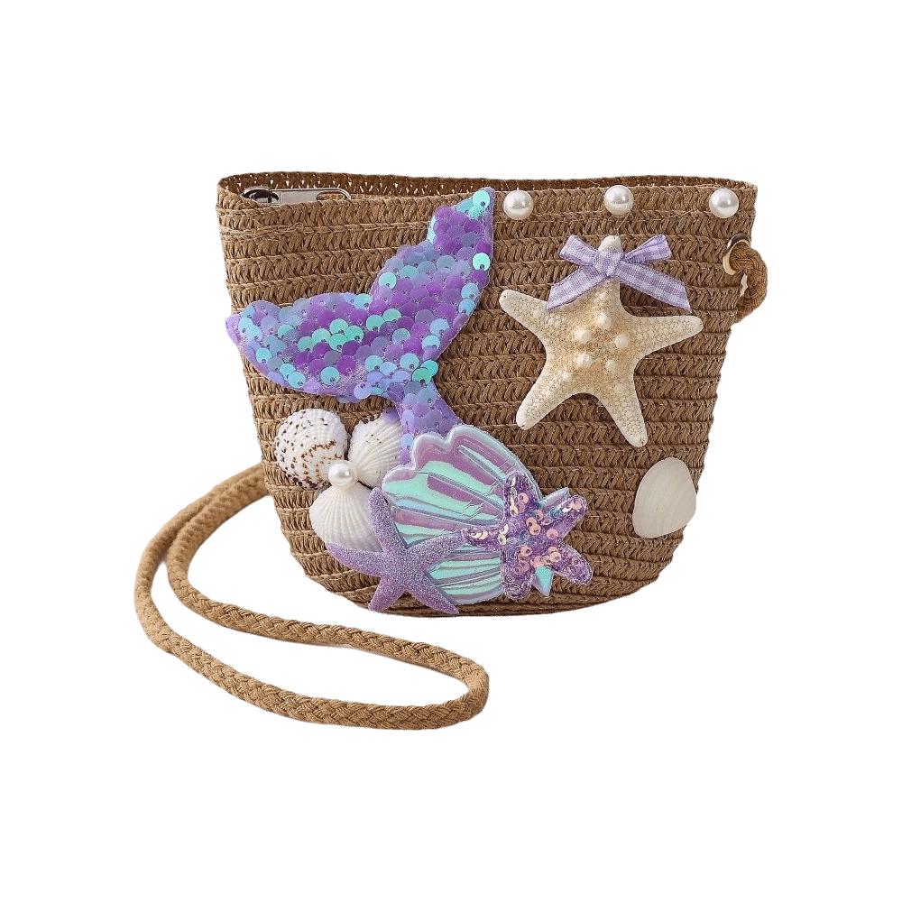 Straw Woven Mermaid Crossbody Bag Breathable Kids Shoulder Bag Fashionable Match Beach Bag Cartoon