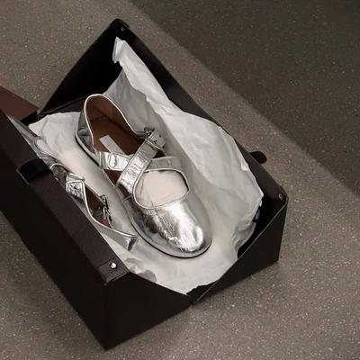 Piele Nișă Argintiu Modă Pantofi Balerini Cap Rotund Luminos ** Curea Furcă Pantofi Mary Jane Unici Pantofi Dama Vară și Toamnă