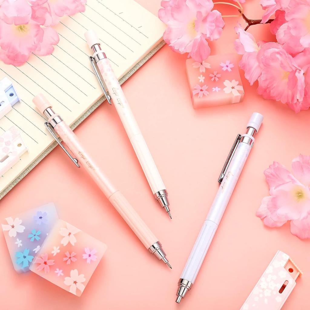 15 Pcs 0.5 mm Mechanical Pencil Set Include 6 Pcs Japanese Cute Pencils with 6 Tubes Pencil Refill and 3 Cute Cherry Erasers for Sketching