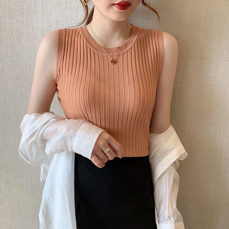 2025 Women's Versatile Ice Silk Spaghetti Strap Tank Top Sleeveless Crew Neck Undershirt