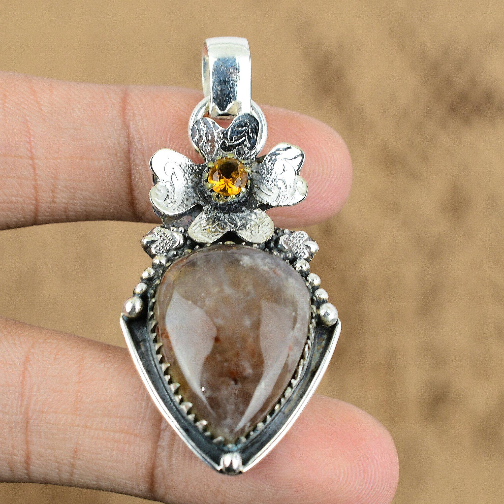 

Natural Elestial Quartz Citrine Sterling Silver Flower Daughter Pendant Jewelry