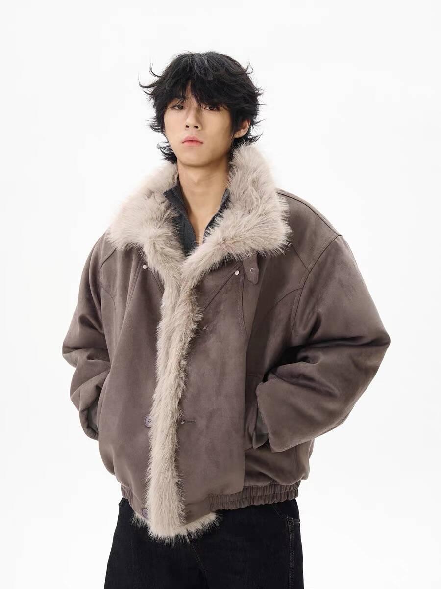 

Новая Ретро Потертая Утолщенная Куртка С Меховым Воротником для Мужчин и Женщин L