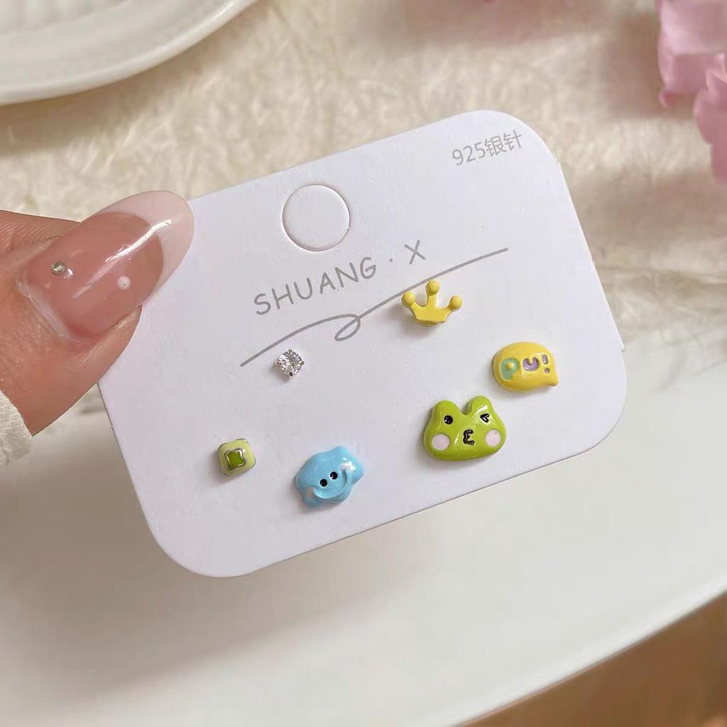 Korean version of small fresh cartoon cute stud earrings three-piece set of personality versatile small childlike summer earrings