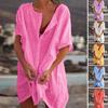 Damen Unifarben Kurzarm O-Ausschnitt Knöpfe Locker Übergröße Mittellanges T-Shirt