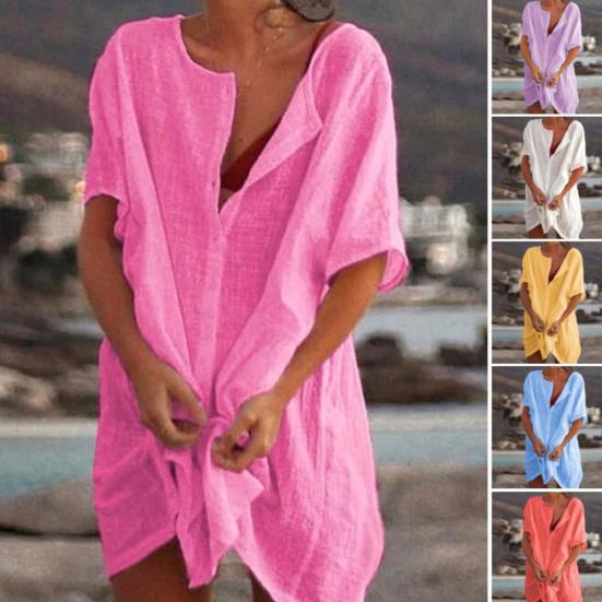 Damen Unifarben Kurzarm O-Ausschnitt Knöpfe Locker Übergröße Mittellanges T-Shirt