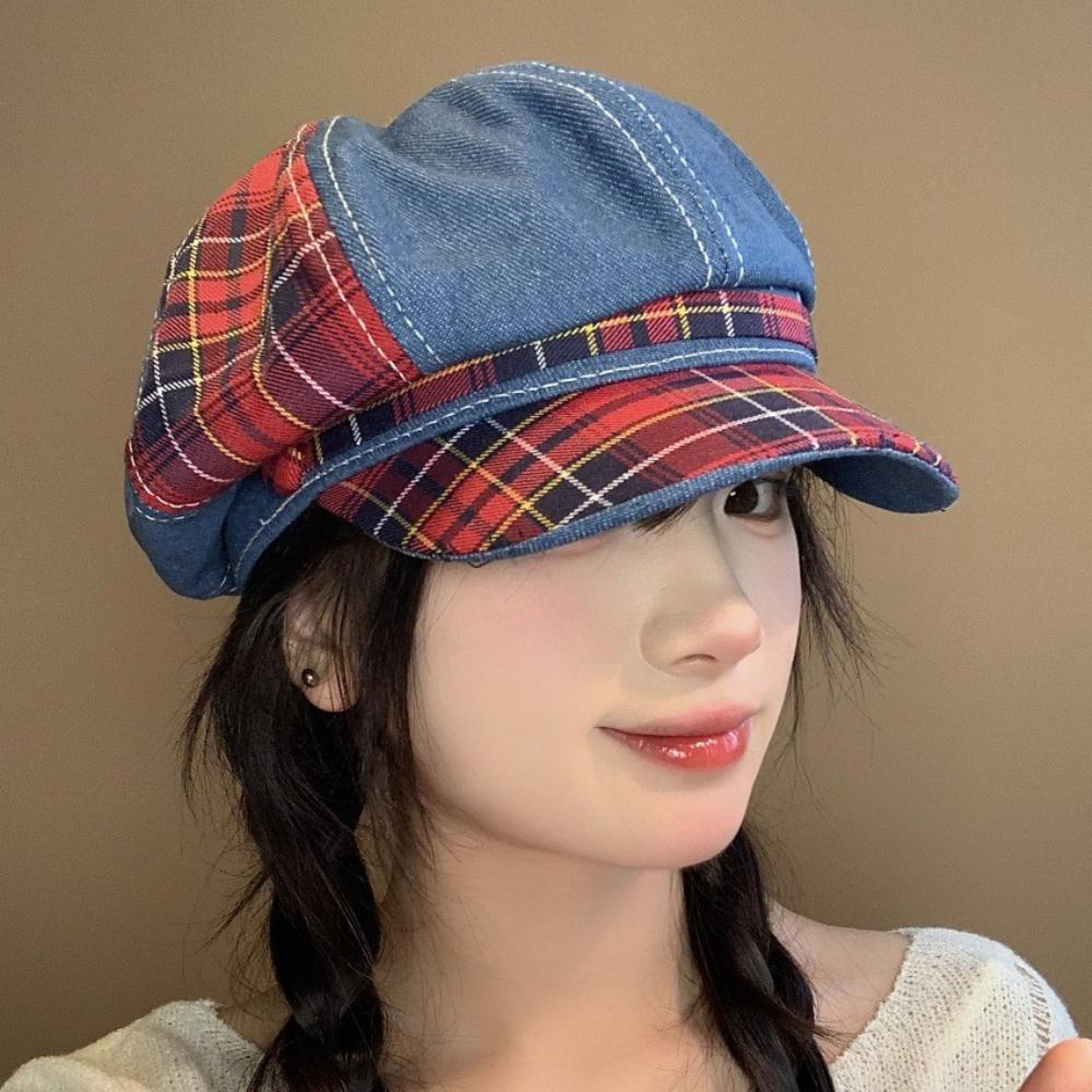 Freedom Outdoors Women's Blue Ht4853 Berets For New Spring Summer Autumn Newsboy Cap Plaid Artist Painter Beret Hat Octagonal Cap Lady Beret Caps 56-58Cm