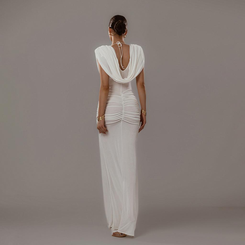 Vestido Midi Bodycon Blanco sin Mangas con Cuello de Volantes Elegante Vestido de Noche