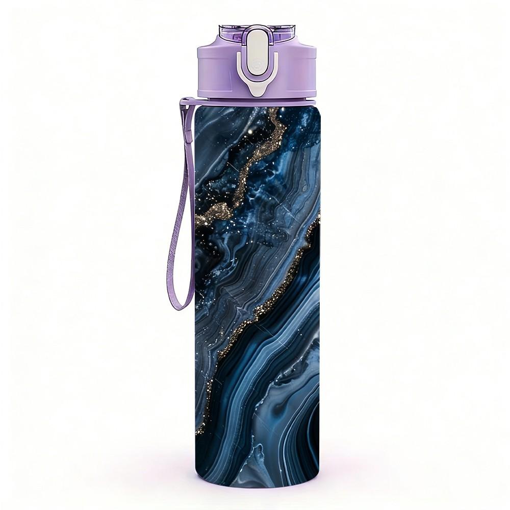 1PC Dark Black Blue Gold Vein Agate Marble Art 750ml Color Plastic Sports Water Bottle Leakproof Flip Straw Lid Suitable for Sports Office Home Use