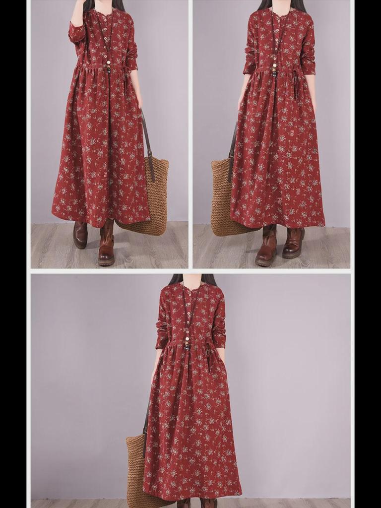 Women's Retro Floral Velvet-Lined Cotton Linen Dress - Round Neck, Long Sleeves, Loose Fit for Autumn/Winter 2023.
