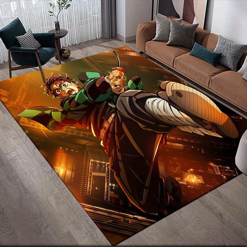 Tanjiro Kamado Flannel Pattern Square Carpet,Area Rug,Carpet Rug for Living Room Bedroom Sofa Playroom Decor,Non-slip Floor Mat