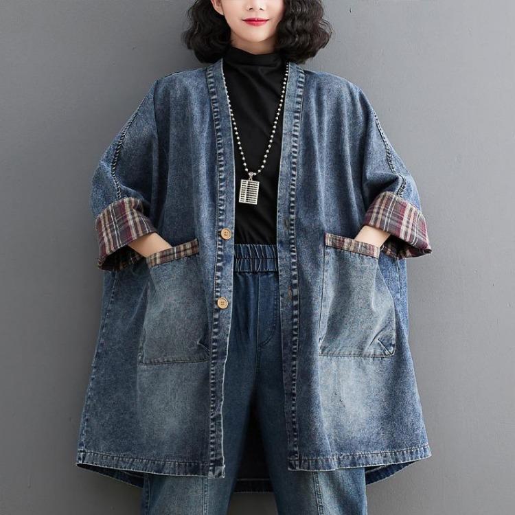 

Vintage Blue Plaid Denim Coat Shirt for Women Loose Casual Long Sleeve V Neck Top Autumn Blouse Patchwork Tunic M синий