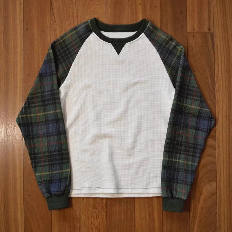 DRIPX Herbst Neues kariertes Patchwork Waffel-Oberteil mit Raglanärmeln und Rundhalsausschnitt Locker Retro Unisex T-Shirt S black