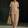 Women's 2 Piece Linen Sets, Short Sleeve Button Up Top And Wide Leg Pants Matching Outfits, Summer Casual Lounge Sets with Pockets