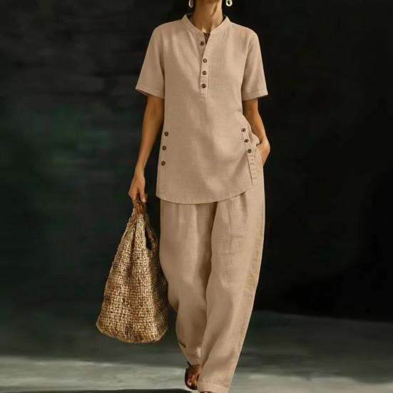 Women's 2 Piece Linen Sets, Short Sleeve Button Up Top And Wide Leg Pants Matching Outfits, Summer Casual Lounge Sets with Pockets