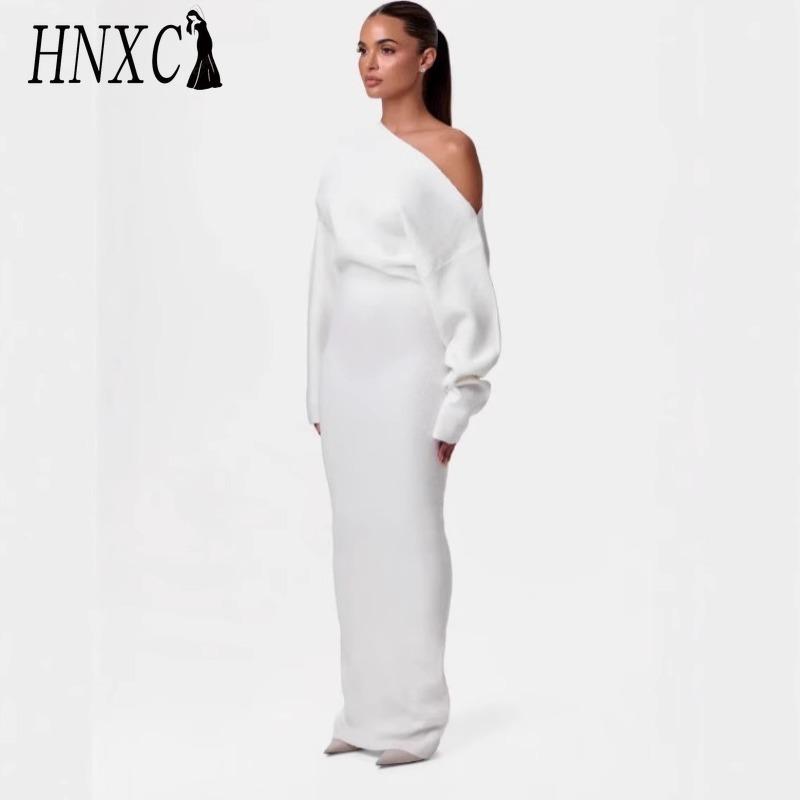 HNXC Women's Fashion Autumn Winter Solid Color Print Long Sleeve Casual Dresses