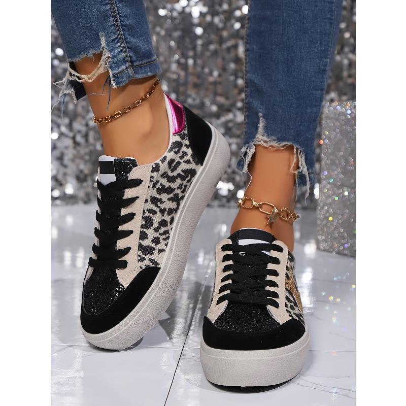 [Everyday Comfort] Women's Leopard Print Star Sneakers, Casual Lace-Up Low Top Shoes with Round Toe, Fabric Upper & Mesh Inner, PVC Sole
