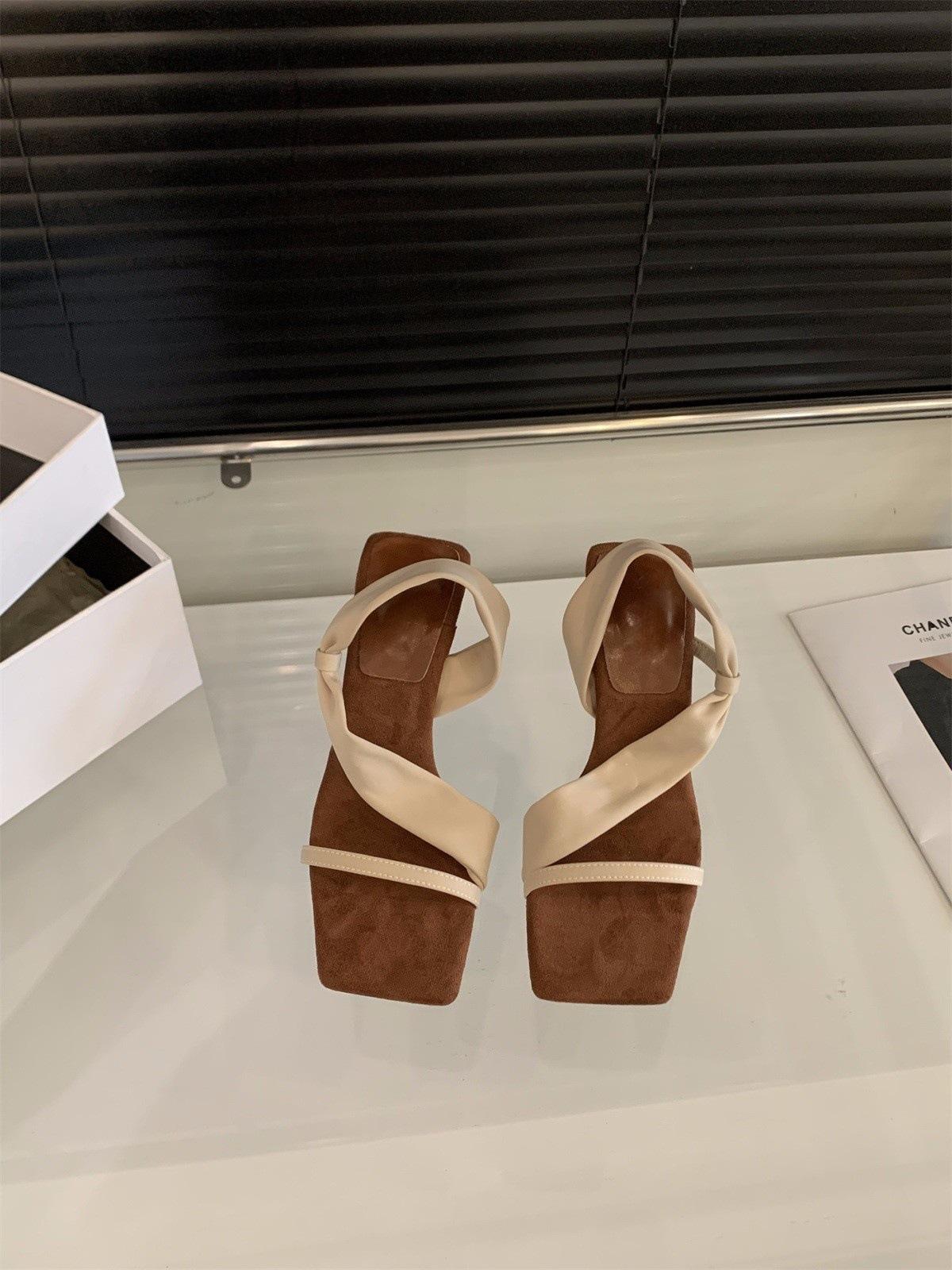 

Niche design sense red high heels sandals women s shoes 2025 summer French style with skirt one-word belt Roman shoes 42