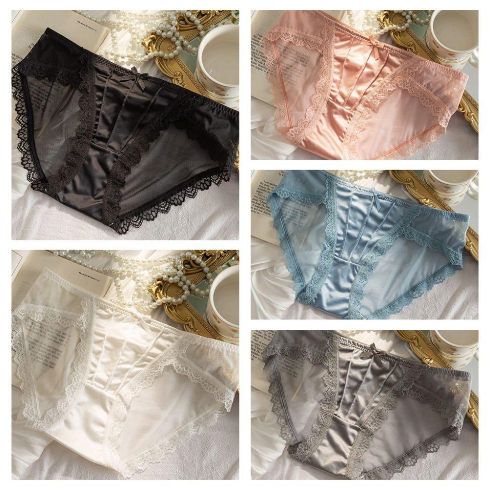 Low Waist Lace Panties Bow Mesh Flower Briefs Hollow Underwear for Women Lady