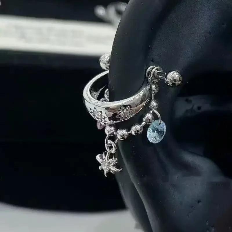 

1pc Trendy Korean Dopamine Water Drop U-Ring Ear Stud Color Zircon Stainless Steel Y2K Chain Pendant Star Hoop Ear Bone Piercing