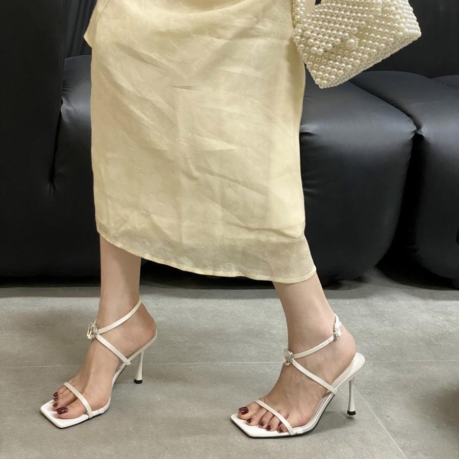 2025 new square head thin heel high heel temperament thin French fashion sexy beauty open-toed women's sandals