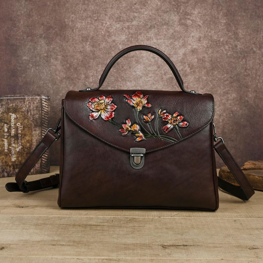 Johnature Chinese Style Genuine Leather Retro Embossed Women's Handbag With Large Capacity Shoulder Crossbody Bag