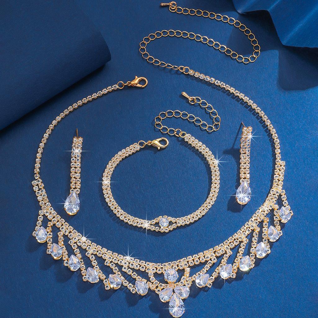 Bridal Jewelry Zircon Sparkling Rhinestone Necklace Earrings Set Fashion Bracelet Earrings Three-Piece Set Women