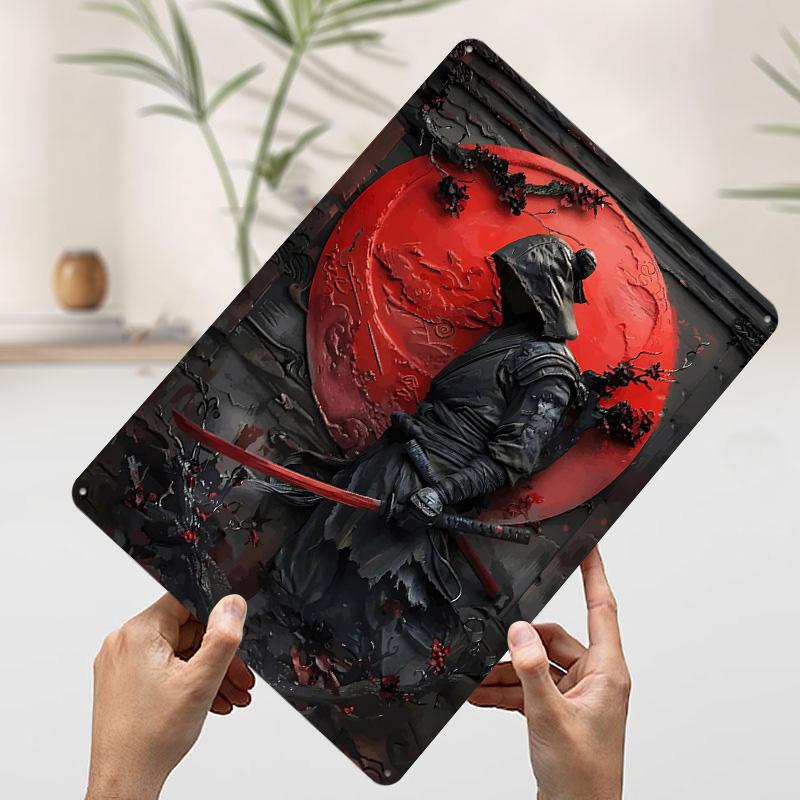 Hooded Ninja With Red Katana Printed Poster Customized Wall Art Retro Vintage Metal Tin Signs for Room Modern Home Decoration