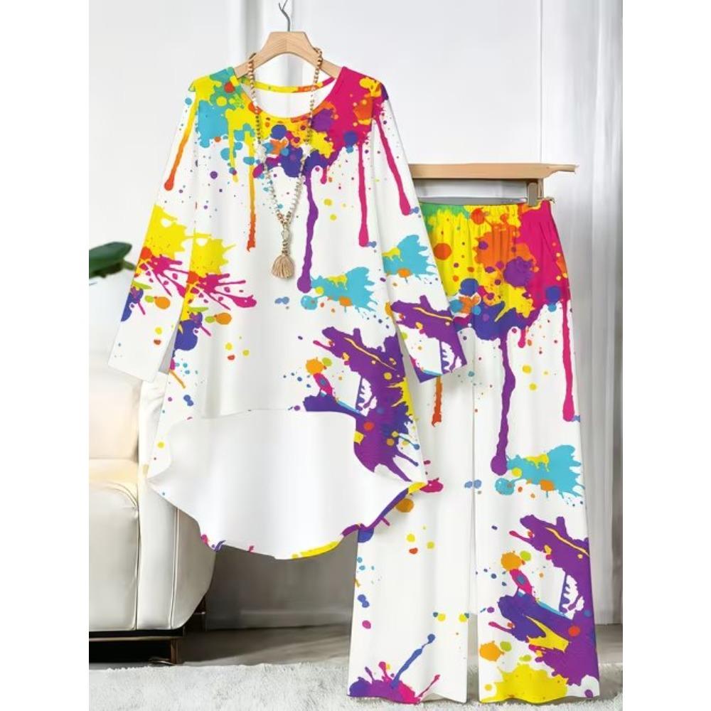 Geometric Pattern Print Two Piece Outfit Women Long Sleeve Irregular Hem Tunic Top Wide Leg Pants Casual Matching Set