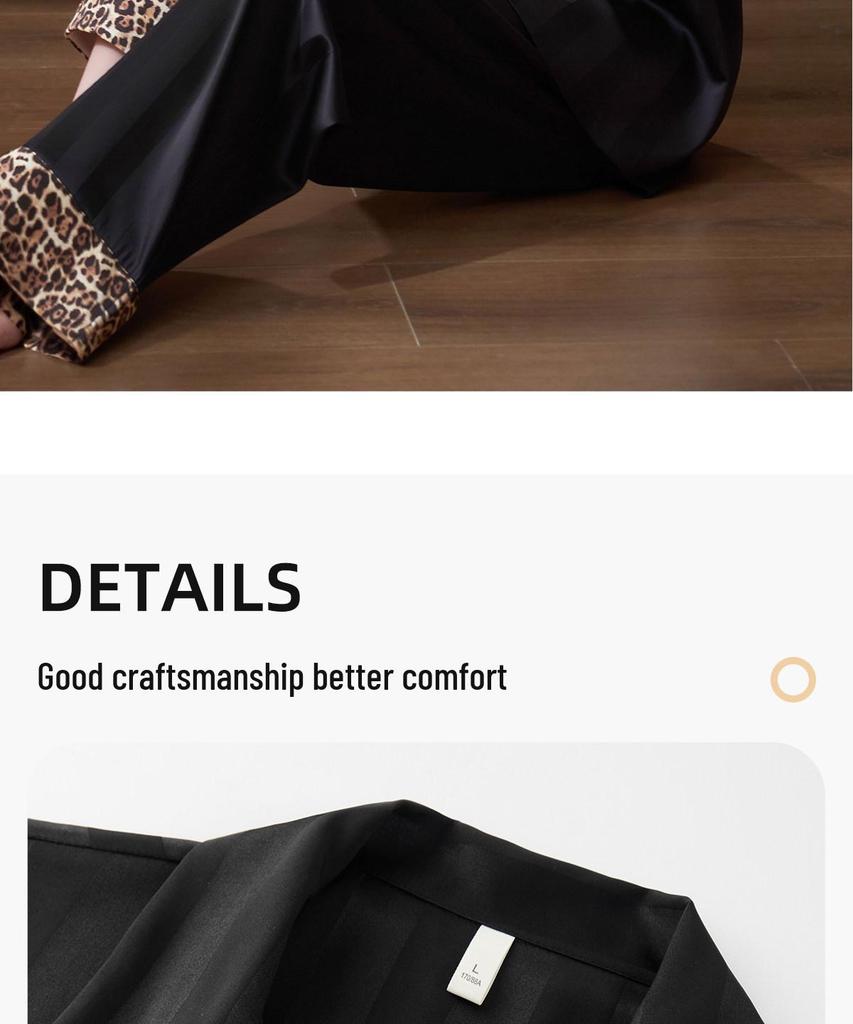 Women's Soft Ice Silk Pajama Set: Short Sleeve, Long Pants, Leopard Print, Cool, Lightweight, Luxurious Summer Loungewear.