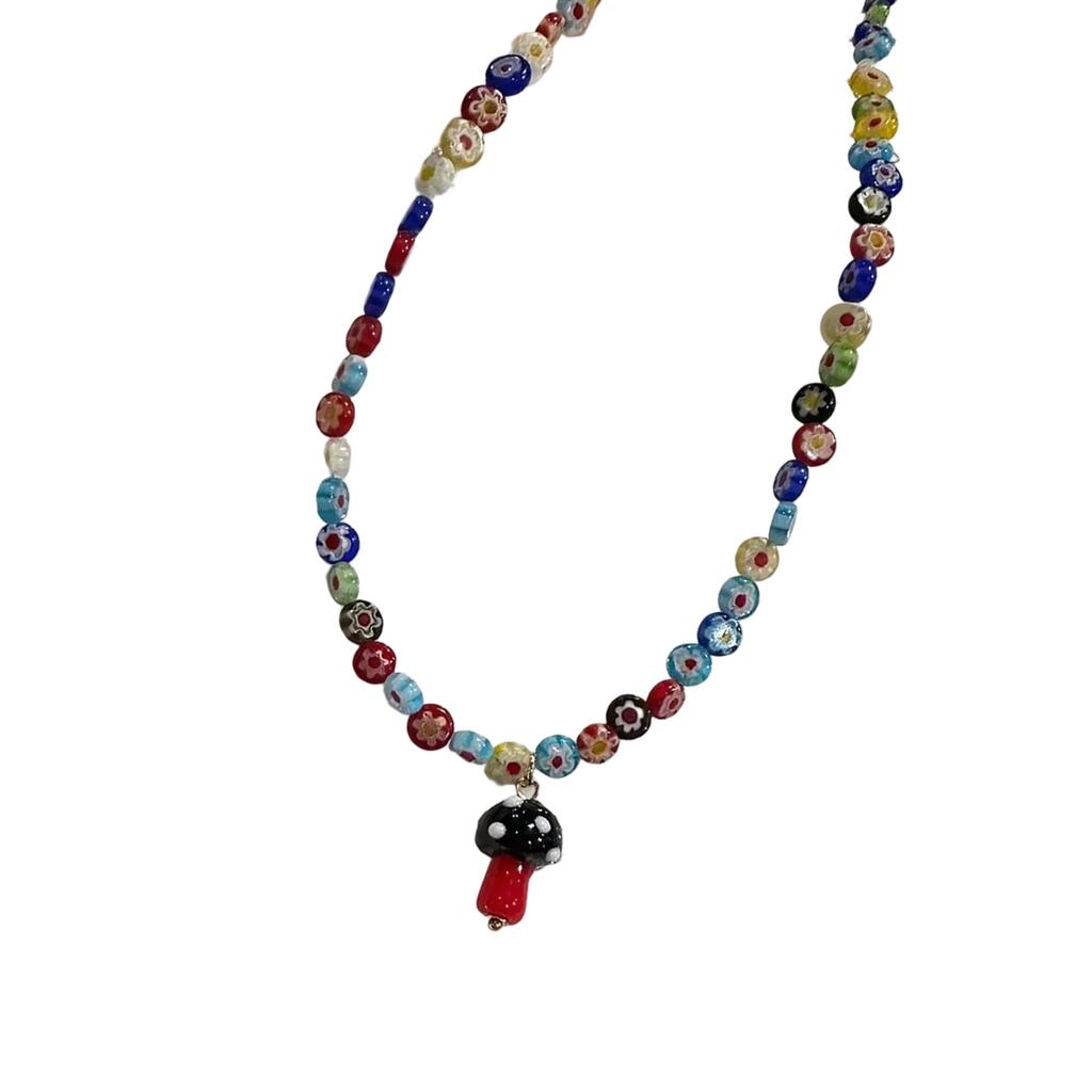 Handcraft Retro Styles Necklace With Vibranting Glass Beads and Unique Mushroom Charm for Fashion Enthusiasts Daily Use
