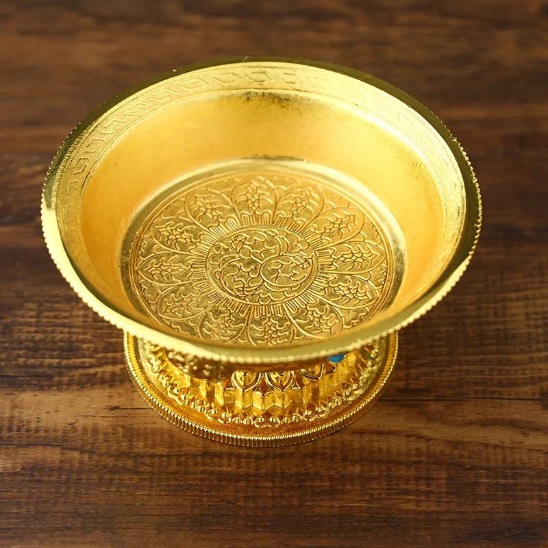 Zinc Alloy Tribute Buddhist Fruit Plate Gold Auspicious Luster Tibetan Plate Engraving Buddha Fruit Saucer Home Gift Decorative