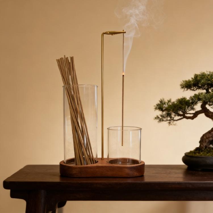 2 In 1 Incenses Stick Holder Resist Ashes Flying Insences Stick Burners Stand with Glass Cup Wooden Base For Meditations