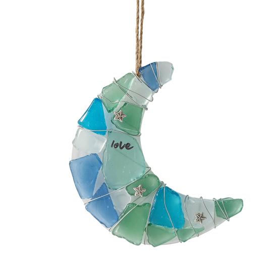 

Handmade Moon Shape Sea Glass Ornament Coastal Style Crescent Moon Hanging Decoration for Tree Holiday Home Decor Gift for Beach Lovers