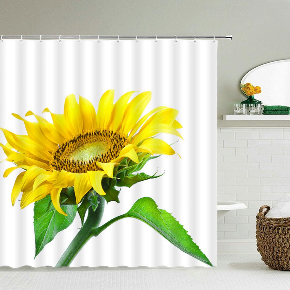 3d Sunflower Yellow Flowers Shark Shower Curtains Bathroom Waterproof Bath Curtain Polyester Cloth With Hooks Decor Bath Screen