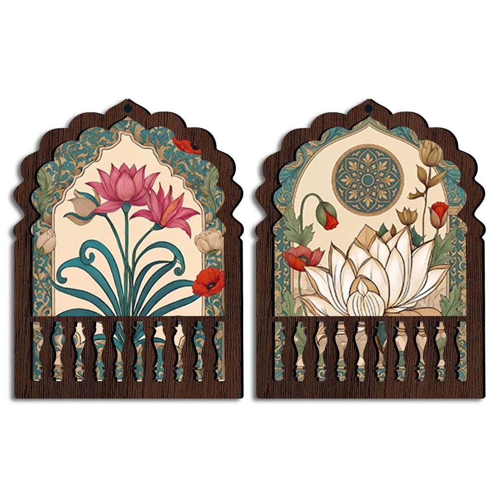Jharokha Wall Decor Set of 2 | Traditional Indian Jharokha with Lotus & Floral Artwork | Rajasthani Ethnic Decorative Wall Hanging