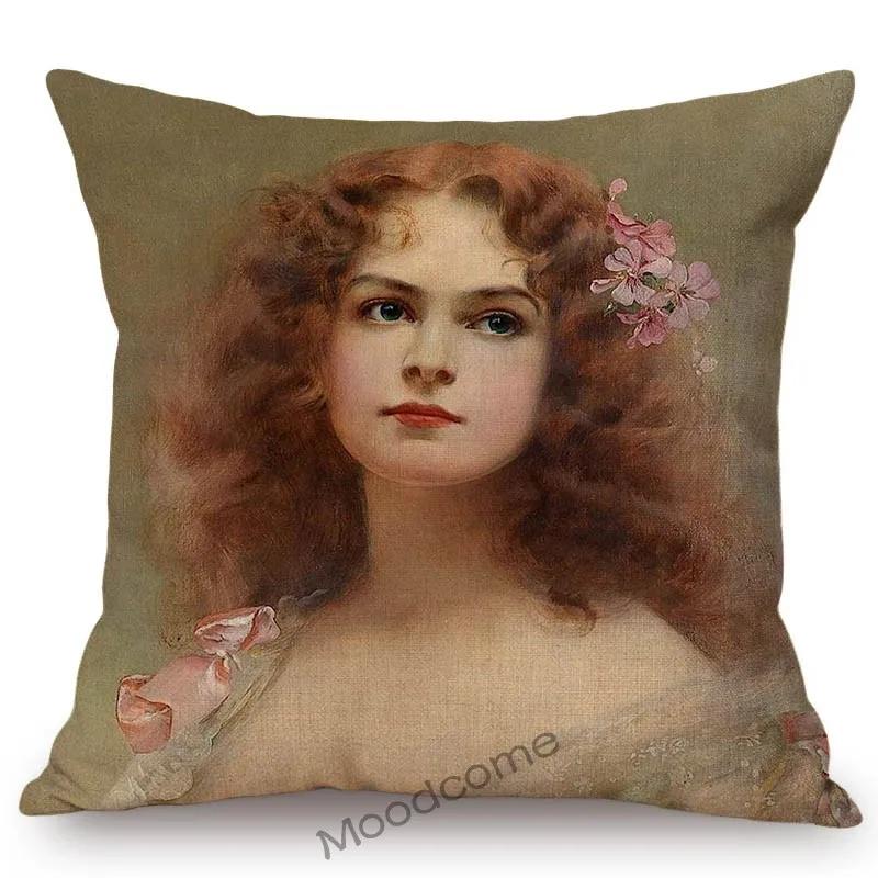 European Royal Court Victorian Era Lady Hat With Flower Elegant Sofa Throw Pillow Cover Classic Vintage Linen Decor Cushion Case