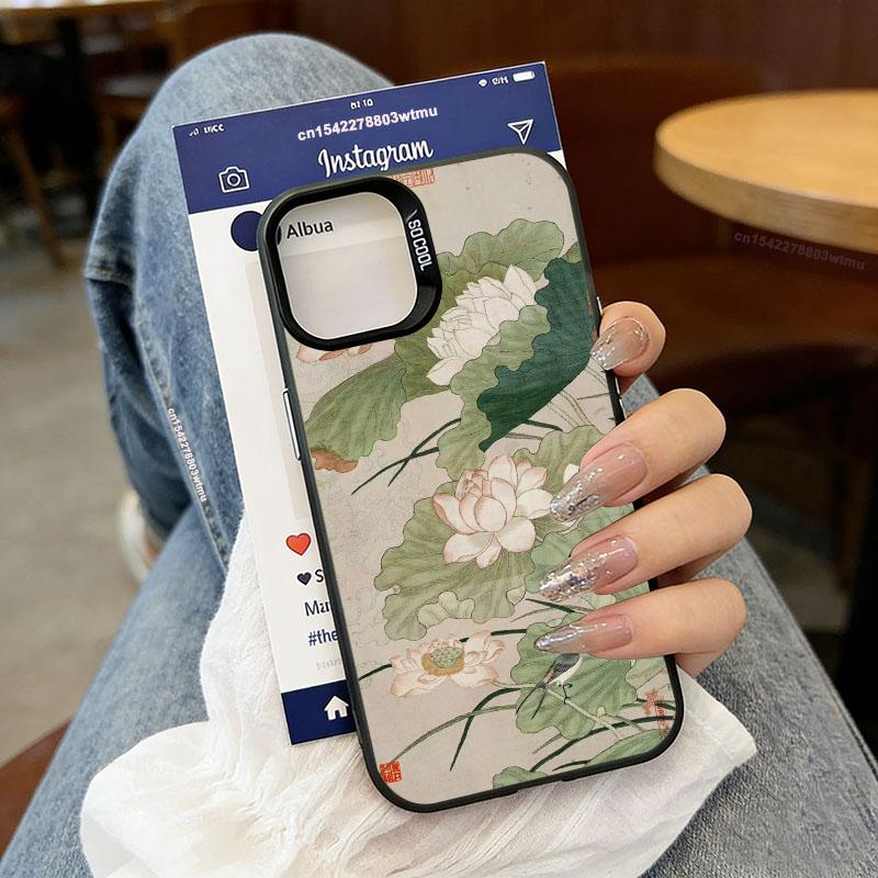 Aesthetic Art Chinese Style Phone Case For iPhone 17 Pro 15 17 Air 16 14 Plus 13 12 11 Pro Max Words Mountain Lotus IMD Cover