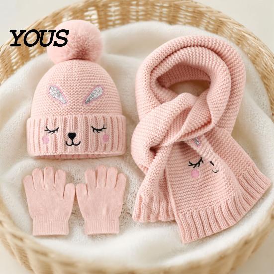 Stylish Winter Set for Outdoor Activities Hat Gloves Scarf Kids, Warm Knitted Pompom Hat, Cute And Kids Bunny Embroidery, Cozy Boys Girls Ages 2 to 6