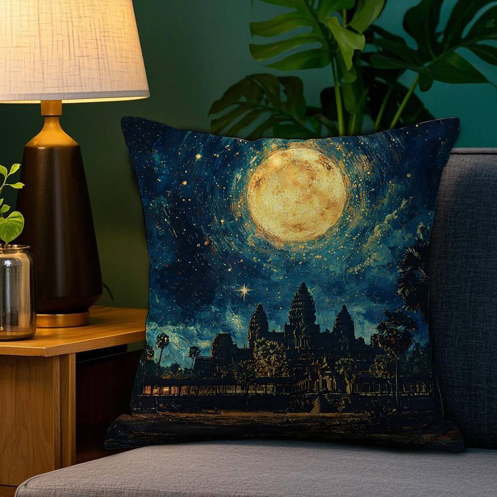 Angkor Wat Pillow Case Anti-dustmite Pillowcase Invisible Zipper Silky Short Plush Sofa Cushion Cover