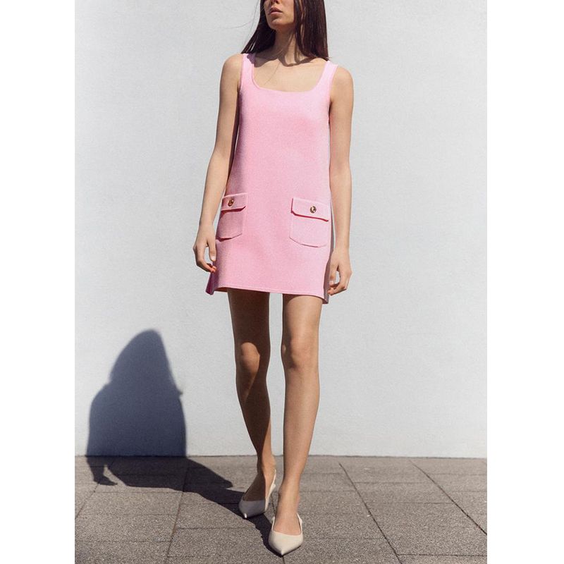 Spring and Summer New Women's Clothing Flip Stickers Pocket Decoration Short Sleeveless Square Collar Spaghetti Straps Knitted Dress 4192054