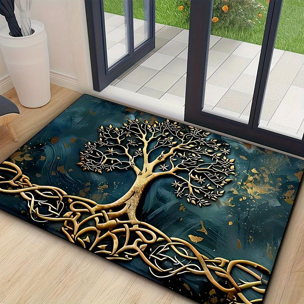 Life Tree Pattern Welcome Mat, Crystal Velvet Fabric, Silicone Backing, Rectangular Non-Slip Washable Entrance Carpet for Home, Bathroom Decor