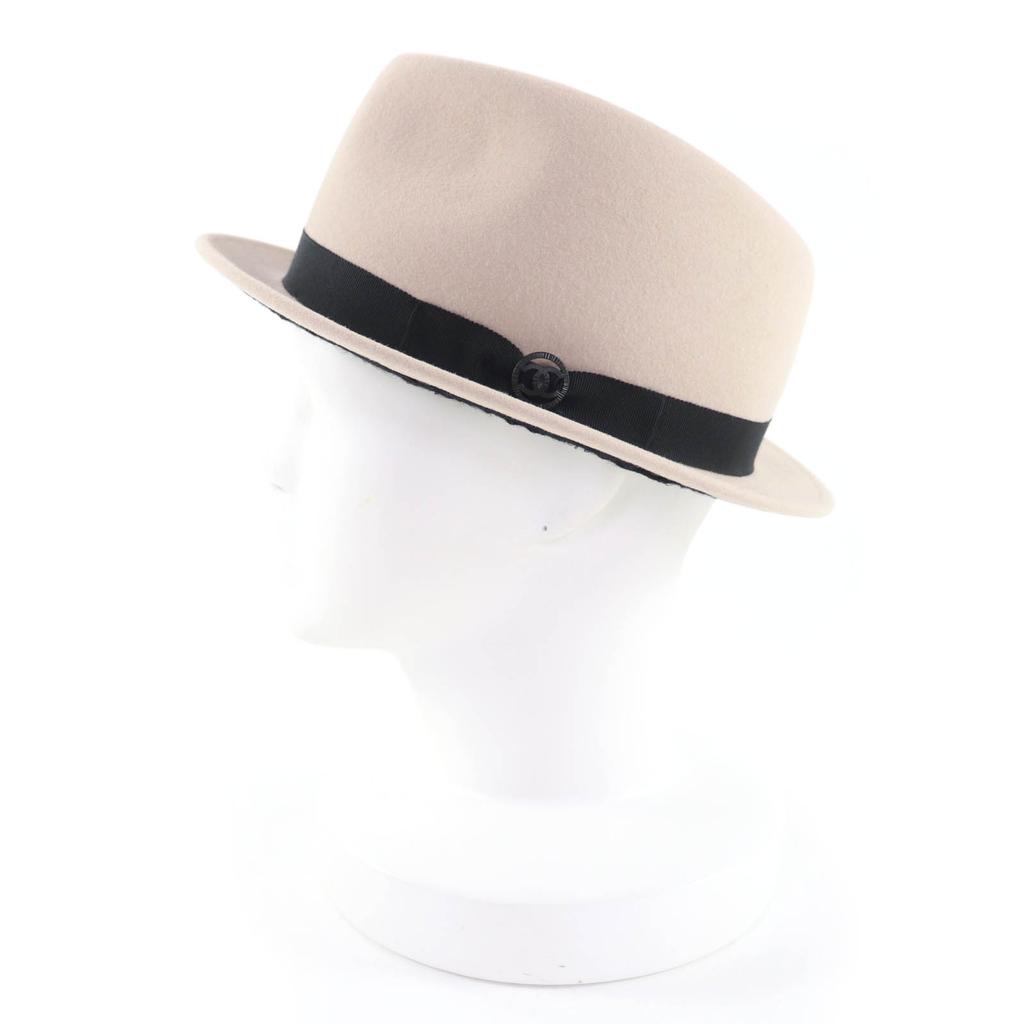 Excellent CHANEL Hat COCO Mark Button Fedora Hat Beige Felt Women M 13B Used