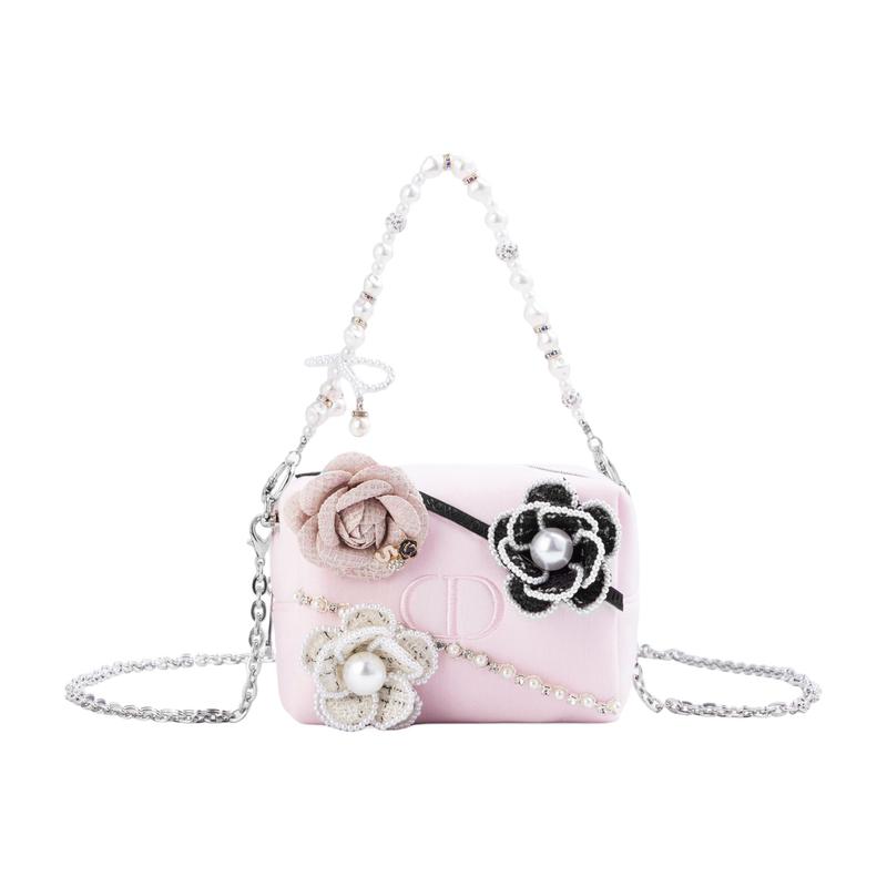 DIOR [Customized Cosmetic Bag] Canvas Rose Pink Flower Decoration Pink Space Cotton Storage Bag Portable Romantic Exquisite Elegant Girly Sweet Style розовый